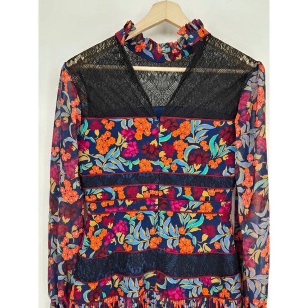 Saloni Dina Tropical Lace Panel‎ Silk Ruffle Floral Mini Dress Size 6 - Picture 9 of 12